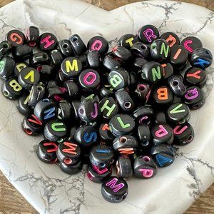 7mm Black Acrylic Letter Beads - Mixed Color Letters - Flat Round - Colorful
